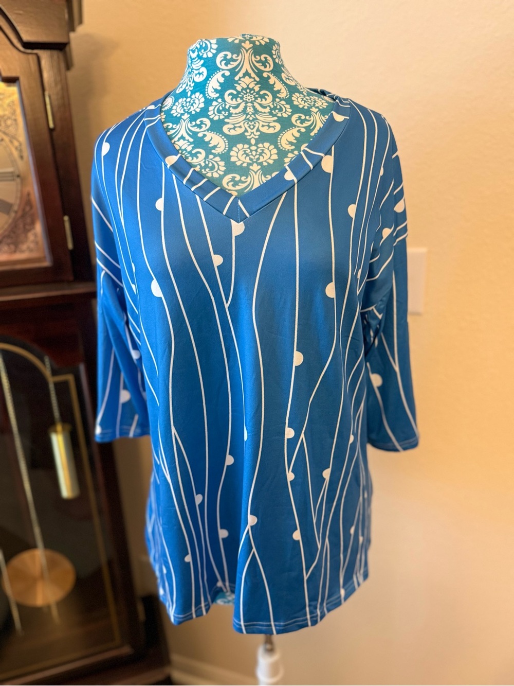 Blue V-Neck Women's Top with White Line Pattern